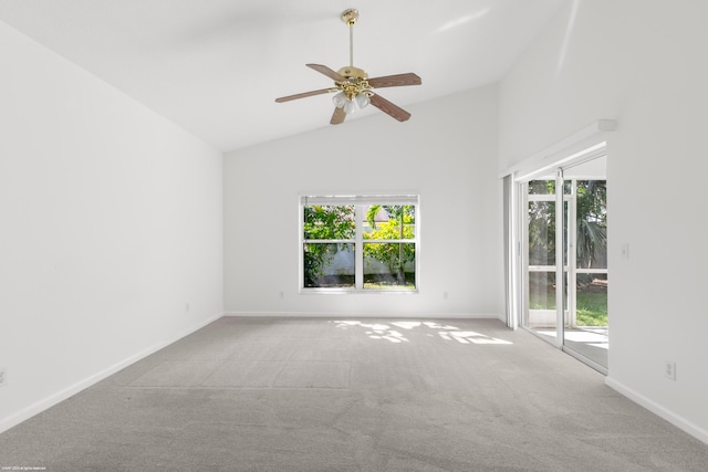 unfurnished room featuring ceiling fan, high vaulted ceiling, and light colored carpet