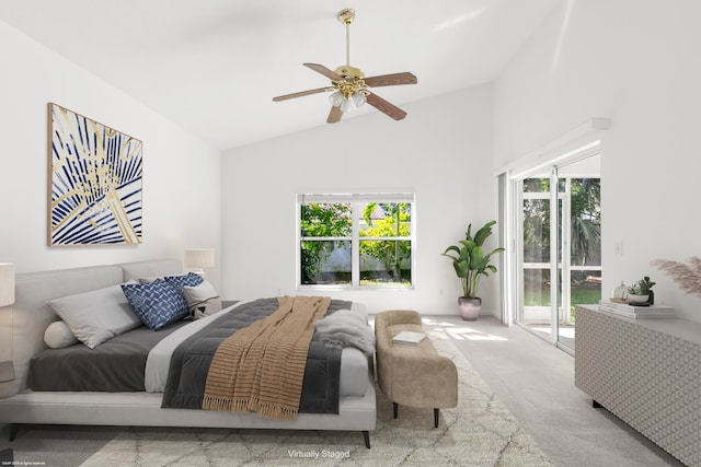 carpeted bedroom featuring ceiling fan, high vaulted ceiling, and access to outside