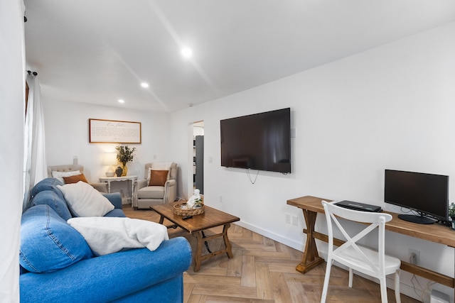 living room featuring light parquet floors