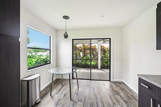 dining space featuring light hardwood / wood-style floors, ceiling fan, and plenty of natural light