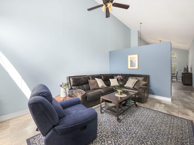 living room featuring ceiling fan, tile patterned flooring, and high vaulted ceiling