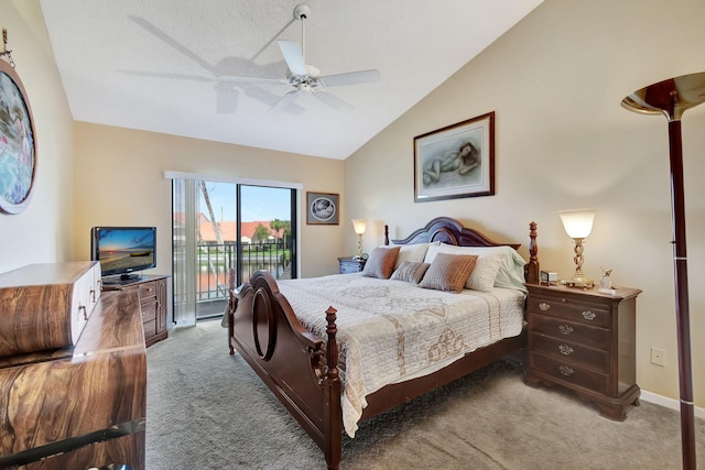 bedroom featuring ceiling fan, light colored carpet, lofted ceiling, and access to exterior