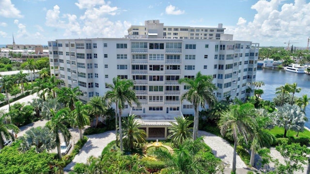 view of building exterior featuring a water view