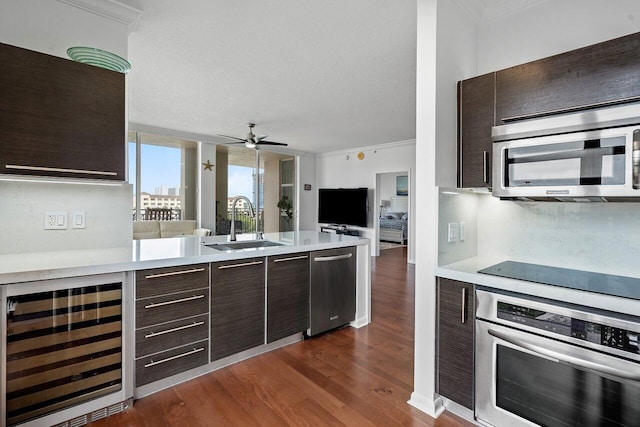 kitchen featuring sink, dark wood-type flooring, stainless steel appliances, dark brown cabinetry, and beverage cooler