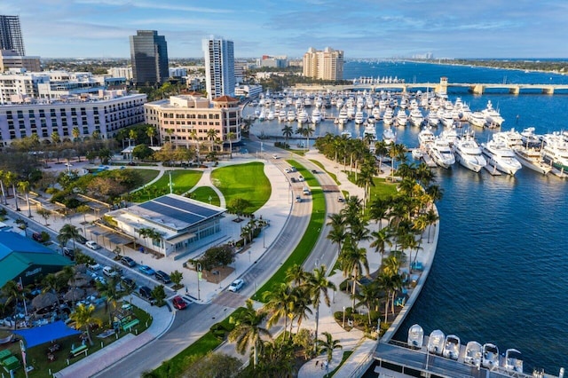 birds eye view of property with a water view