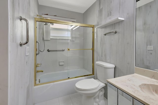 full bathroom with vanity, tile patterned flooring, toilet, and combined bath / shower with glass door