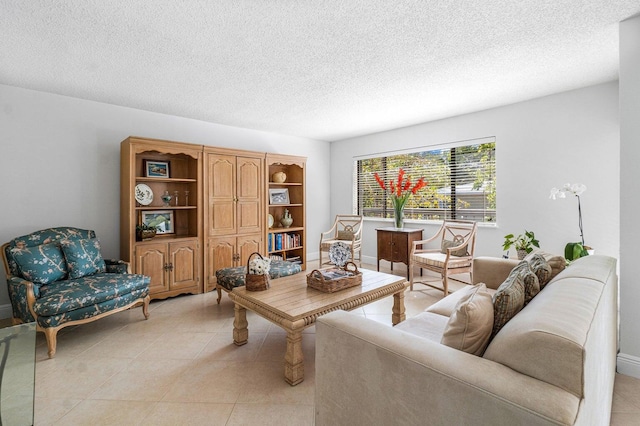 living room with a textured ceiling