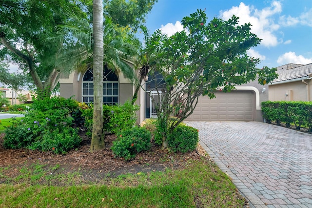 view of property hidden behind natural elements with a garage