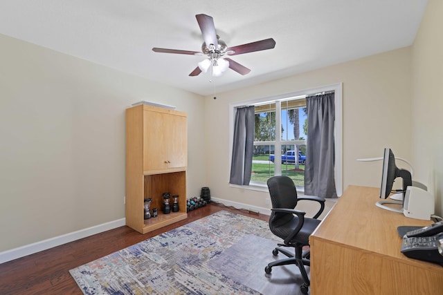 office space with dark hardwood / wood-style floors and ceiling fan