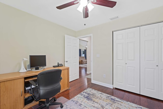 office featuring ceiling fan and dark hardwood / wood-style flooring