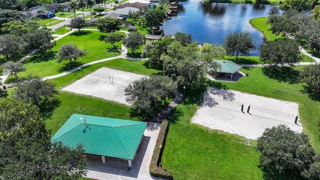 bird's eye view with a water view