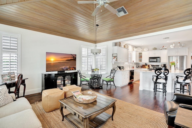 living room with wood ceiling, vaulted ceiling, dark wood-type flooring, wine cooler, and ceiling fan