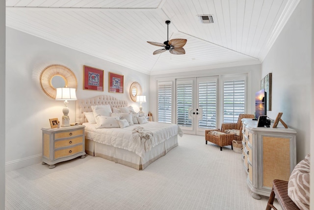 bedroom with wooden ceiling, carpet flooring, ceiling fan, and access to exterior