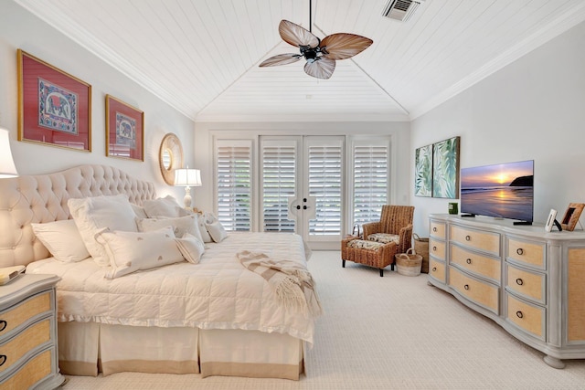 carpeted bedroom with wood ceiling, crown molding, lofted ceiling, ceiling fan, and access to outside