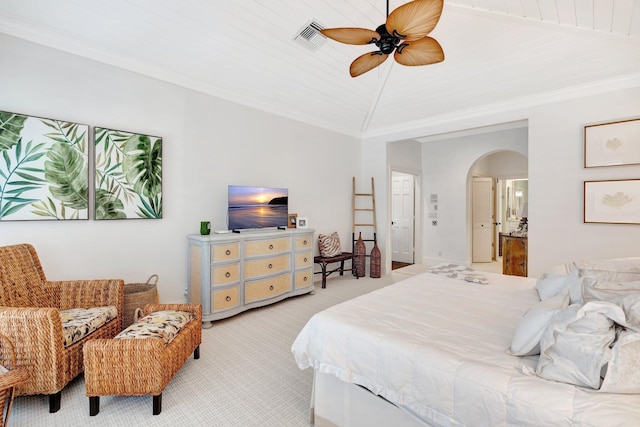 bedroom featuring light carpet, ceiling fan, wooden ceiling, and crown molding