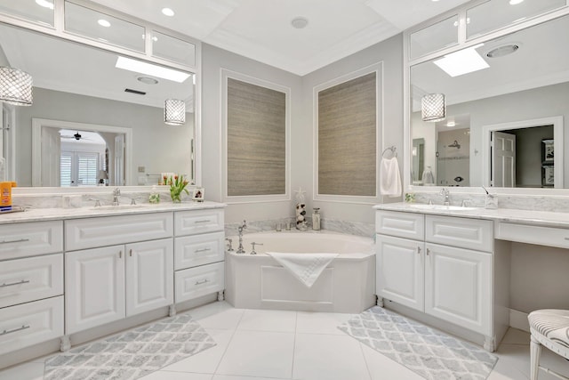 bathroom with tile patterned flooring, separate shower and tub, ornamental molding, ceiling fan, and vanity