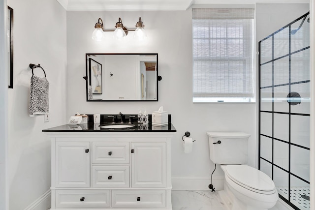 bathroom featuring crown molding, a shower, vanity, and toilet