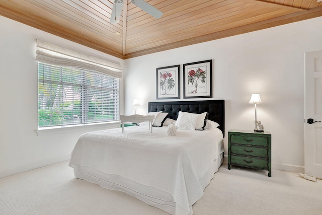 bedroom featuring ceiling fan, wooden ceiling, and carpet flooring