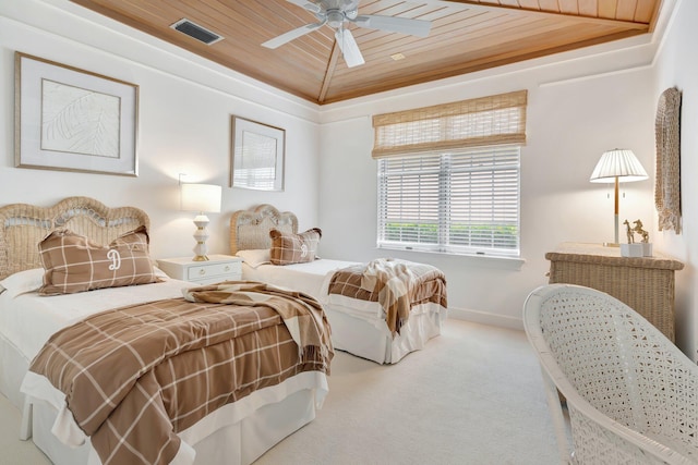 carpeted bedroom with a tray ceiling, ceiling fan, and wooden ceiling