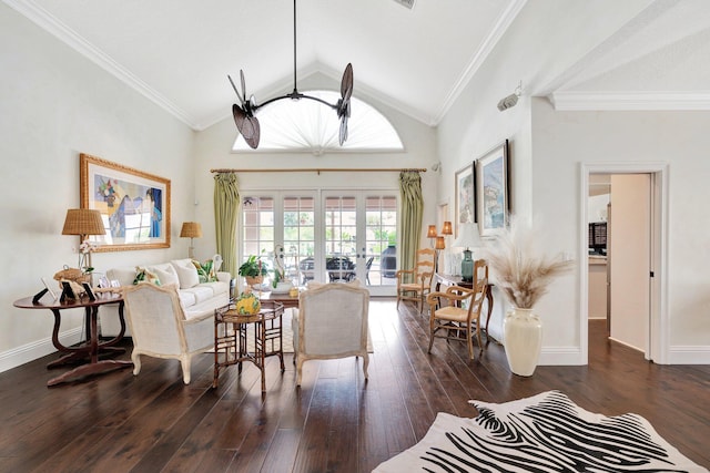 living room with ornamental molding, high vaulted ceiling, dark wood-type flooring, and french doors