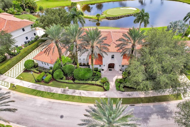 drone / aerial view with a water view