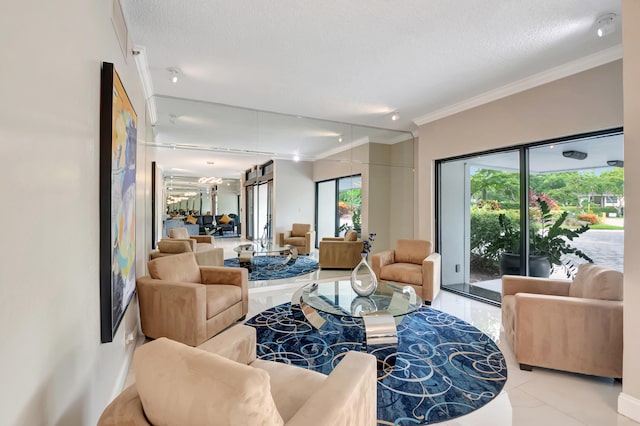 tiled living room featuring a textured ceiling and crown molding