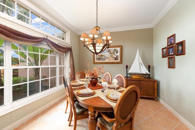 dining space featuring ornamental molding, light tile patterned floors, baseboards, and an inviting chandelier