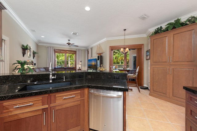 kitchen with light tile patterned floors, brown cabinetry, open floor plan, a sink, and dishwasher