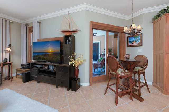 dining room with a notable chandelier, light tile patterned flooring, and crown molding