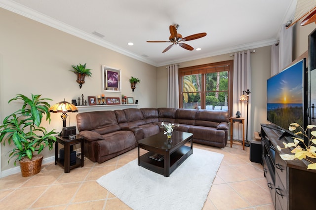 living area featuring light tile patterned flooring, recessed lighting, visible vents, baseboards, and crown molding