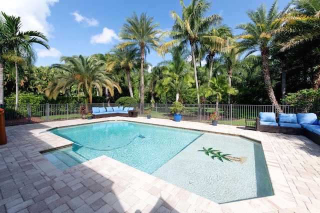 view of swimming pool with fence, an outdoor hangout area, a fenced in pool, and a patio