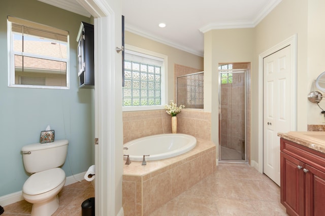 full bath with toilet, a stall shower, crown molding, and vanity