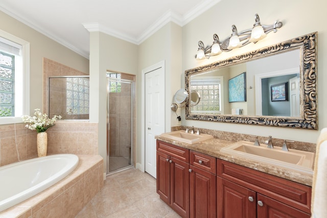 bathroom with crown molding, a sink, and a shower stall