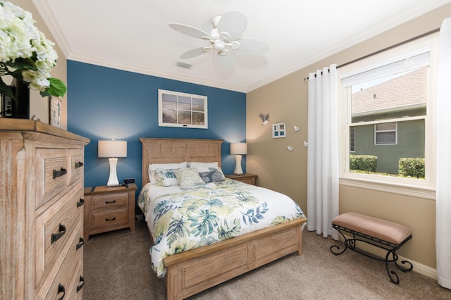 bedroom with baseboards, carpet, visible vents, and crown molding