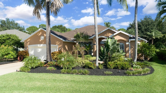 view of front facade featuring a garage, a front lawn, concrete driveway, and stucco siding