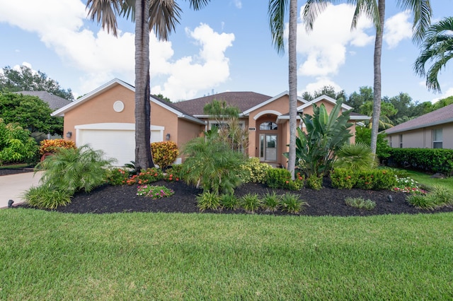 view of front of property featuring an attached garage, a front lawn, and stucco siding