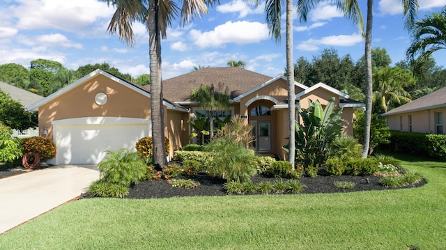 view of front facade with a garage, a front yard, driveway, and stucco siding