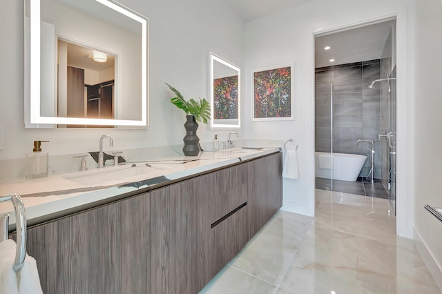 bathroom featuring vanity and plus walk in shower