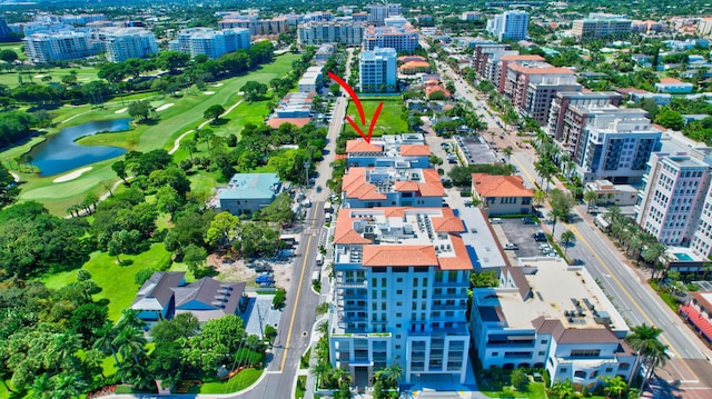 bird's eye view with a water view