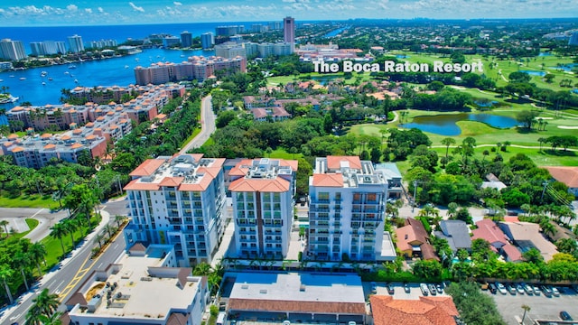 bird's eye view with a water view