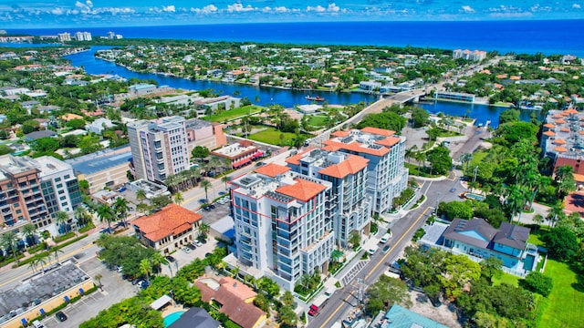 drone / aerial view featuring a water view