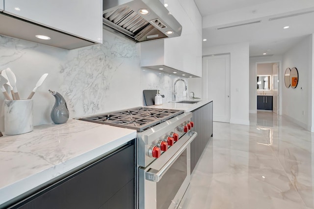 kitchen featuring designer stove, light stone counters, tasteful backsplash, ventilation hood, and sink