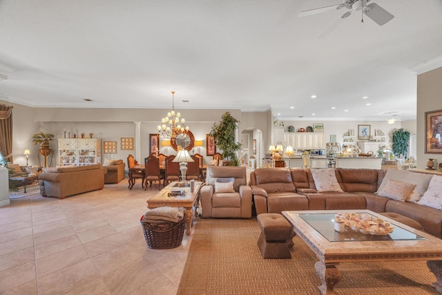 tiled living room with crown molding and ceiling fan with notable chandelier