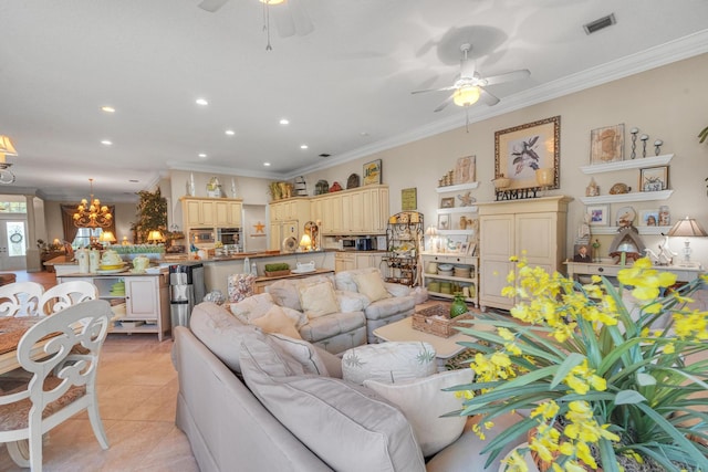 tiled living room with ornamental molding and ceiling fan with notable chandelier