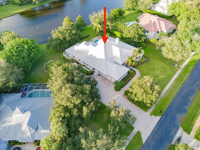 aerial view featuring a water view