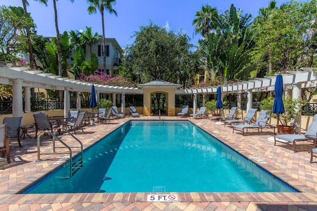 view of swimming pool with a patio and a pergola