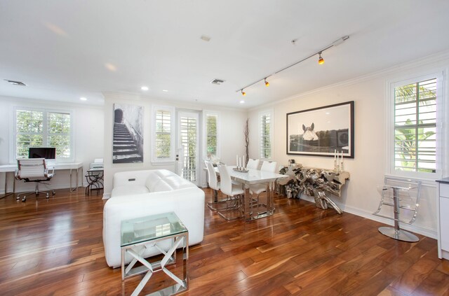 1970 S Dixie Hwy Unit R5, West Palm Beach, FL 33401 - living area with track lighting, baseboards, wood finished floors, visible vents, and ornamental molding