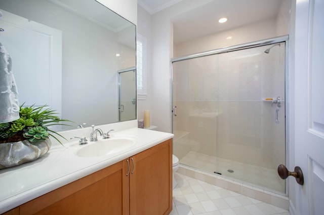 1970 S Dixie Hwy Unit R5, West Palm Beach, FL 33401 - bathroom featuring vanity, crown molding, toilet, recessed lighting, and a shower stall