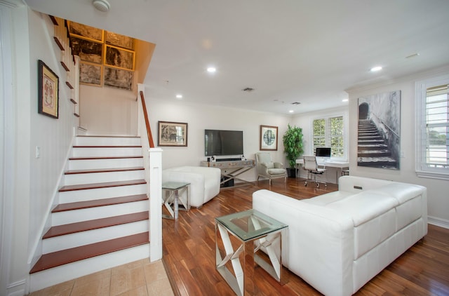 1970 S Dixie Hwy Unit R5, West Palm Beach, FL 33401 - living room with recessed lighting, crown molding, stairs, and a wealth of natural light
