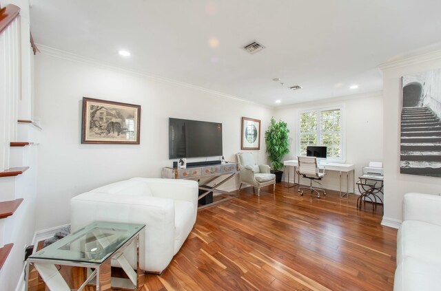 bedroom featuring ceiling fan, dark hardwood / wood-style floors, access to outside, and crown molding